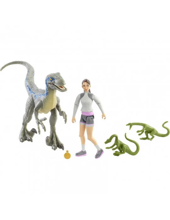 Mattel GWM24-HBY64 Jurassic World Dino Escape Človek a dinosaurus - Yaz a Velociraptor Blue