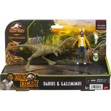 Mattel GWM24-HBY63 Jurassic World Dino Escape Človek a dinosaurus - Darius a Gallimimus