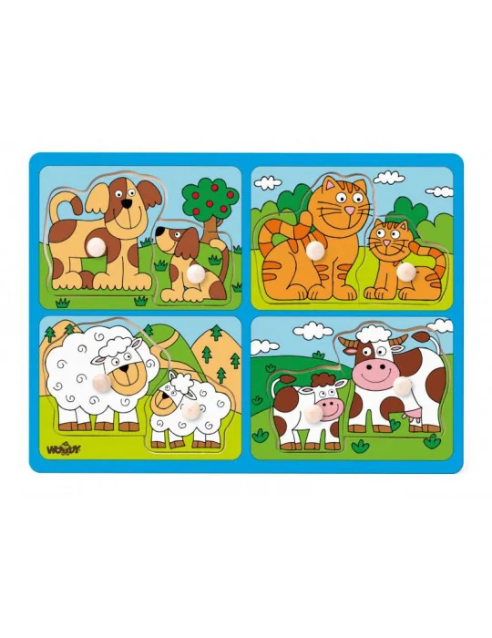 Woody 91913 Drevené puzzle pre najmenších s úchytmi - domáce zvieratá s mláďatami