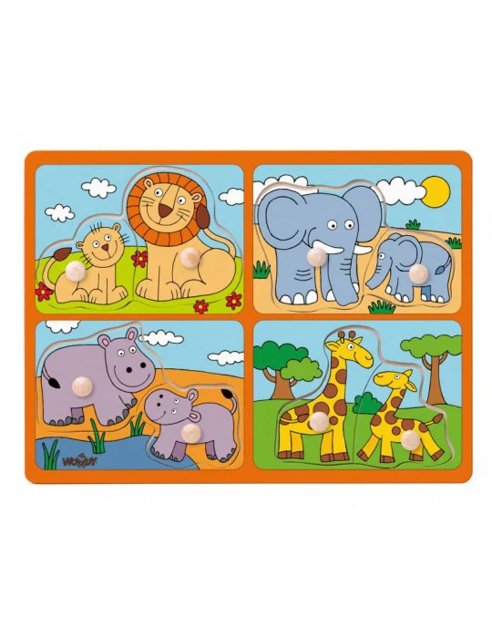 Woody 91914 Drevené puzzle pre najmenších s úchytmi - divoké zvieratá s mláďatami