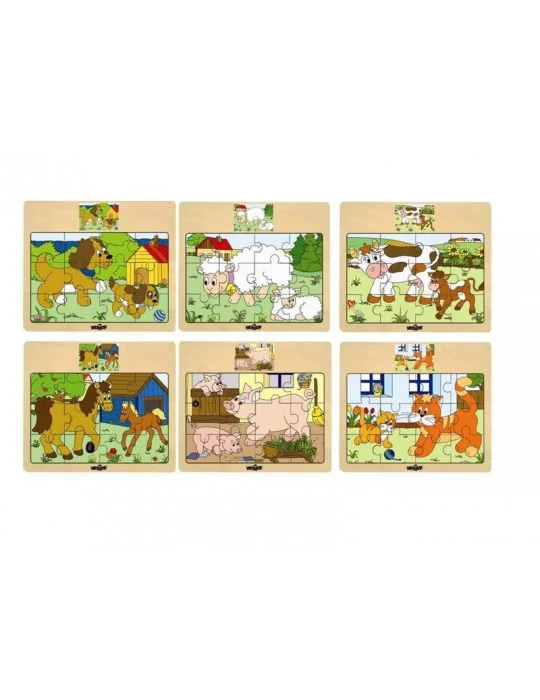 Drevené Puzzle na doske "Mašinka" - zvieratá s mláďatami