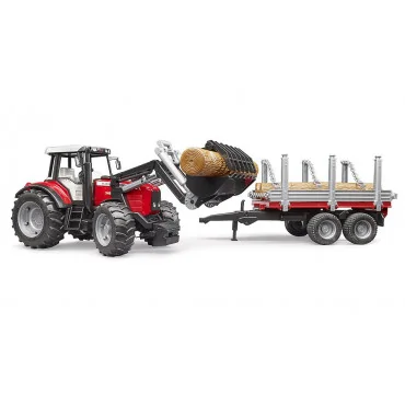 Bruder 02046 traktor Massey Ferguson 7480 s čelným nakladačom a prepravníkom dreva